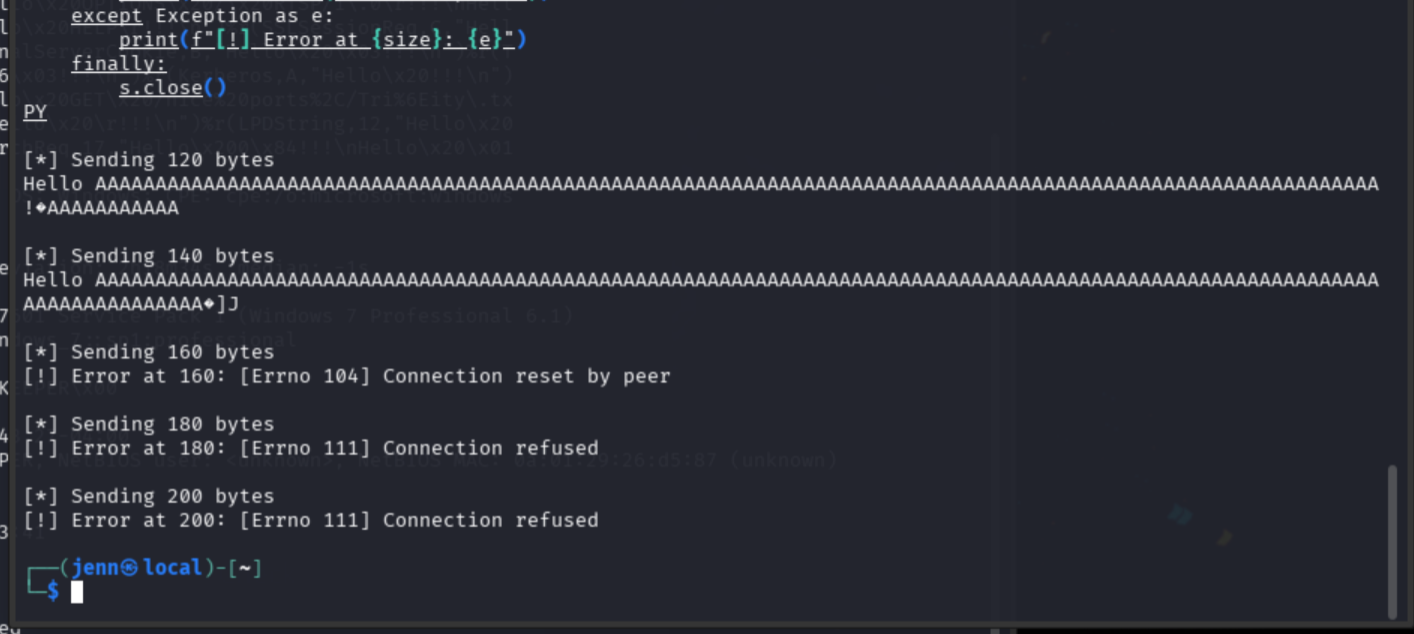Narrowed fuzzing output: corruption at 120 bytes, crash at 160 bytes, threshold between 140 and 160